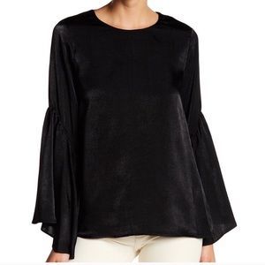 Ro & De Black Lace Up Satin Bell Sleeve Blouse